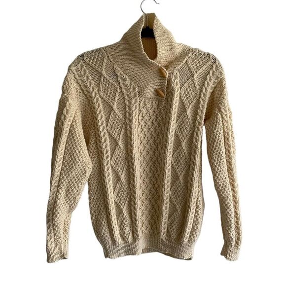 HAND KNIT Wool Chunky Knit Shawl Collar Long Sleeve Sweater Wood Buttons Cream M - Picture 1 of 7